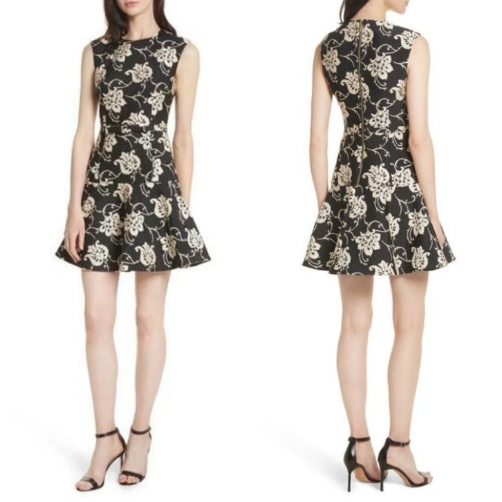Ted Baker Fit Flare Ruffle Hem Dress Black Floral Size 0 Paisley Ornate Party